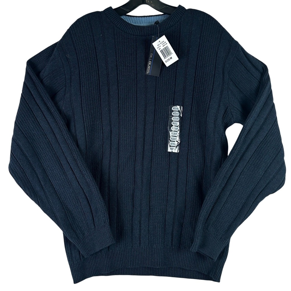 Bill Blass Ribbed Knit‎ Crewneck Sweater Mens Medium Navy Blue Classic Preppy